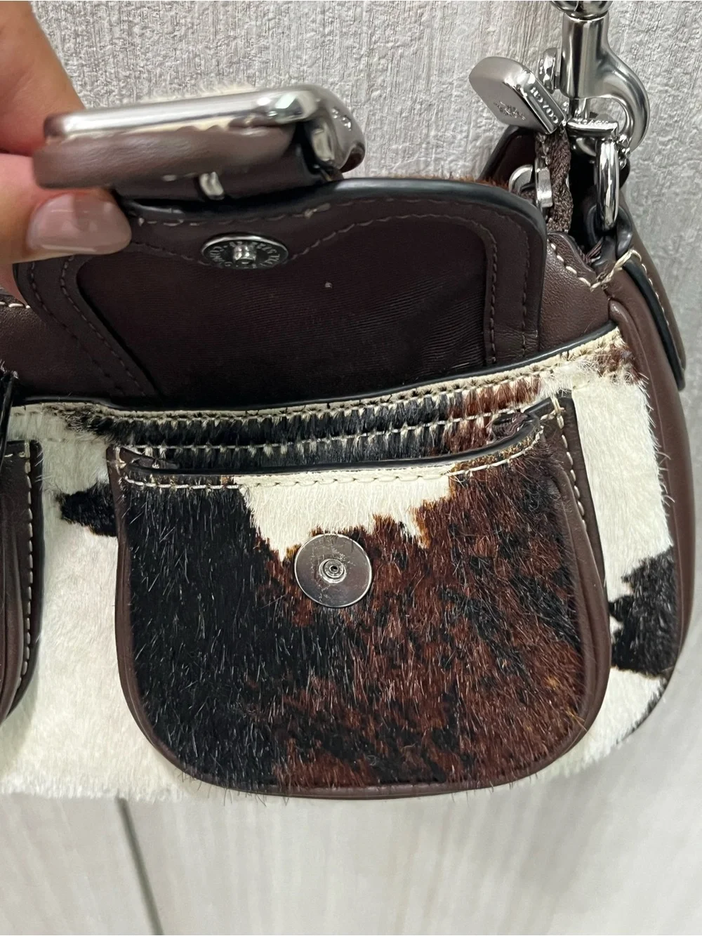 Cowhide Ashton Patch Leather Crossbody Bag in Brown and White - Picture 7 of 12